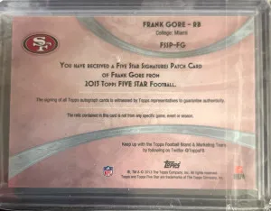 TOPPS FIVE STAR FRANK GORE PATCH AUTOGRAPH 12/25 back